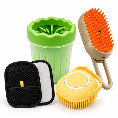 Pet Hygiene Kit  — Steam Brush + Paw Cleaner Cup + Hair Remover Glove + Bath Brush
